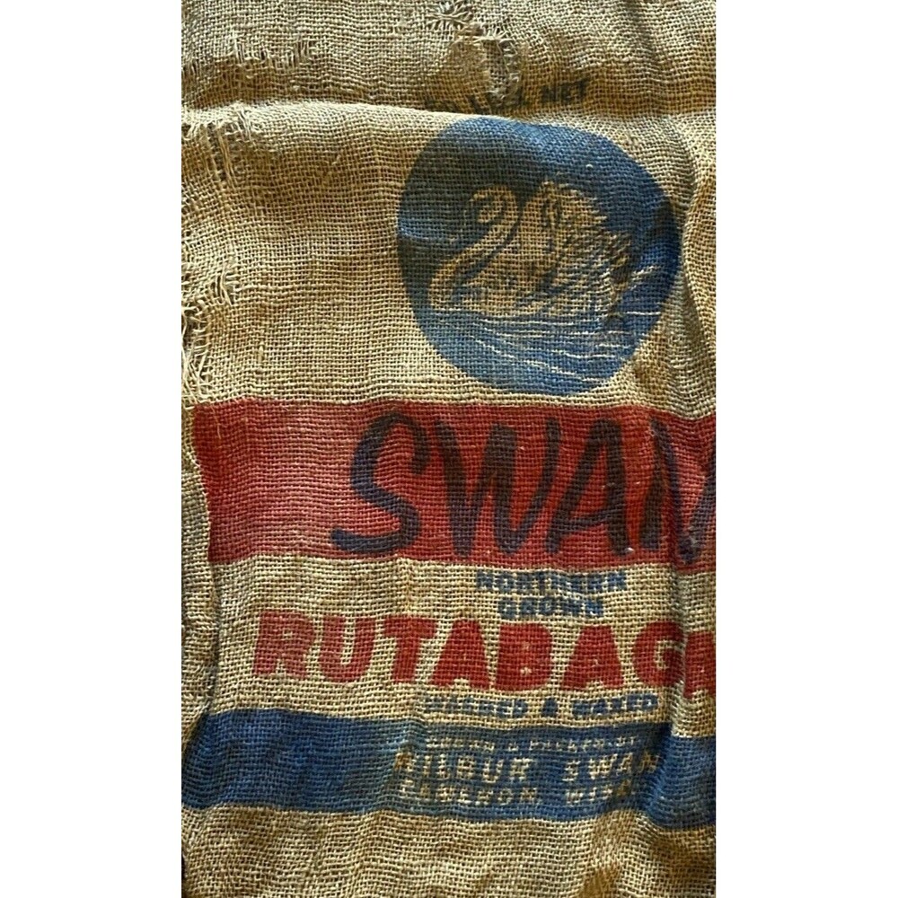 Vintage Burlap Potato Sack WILBERT SWAN RUTABAGAS CAMERON WISCONSIN